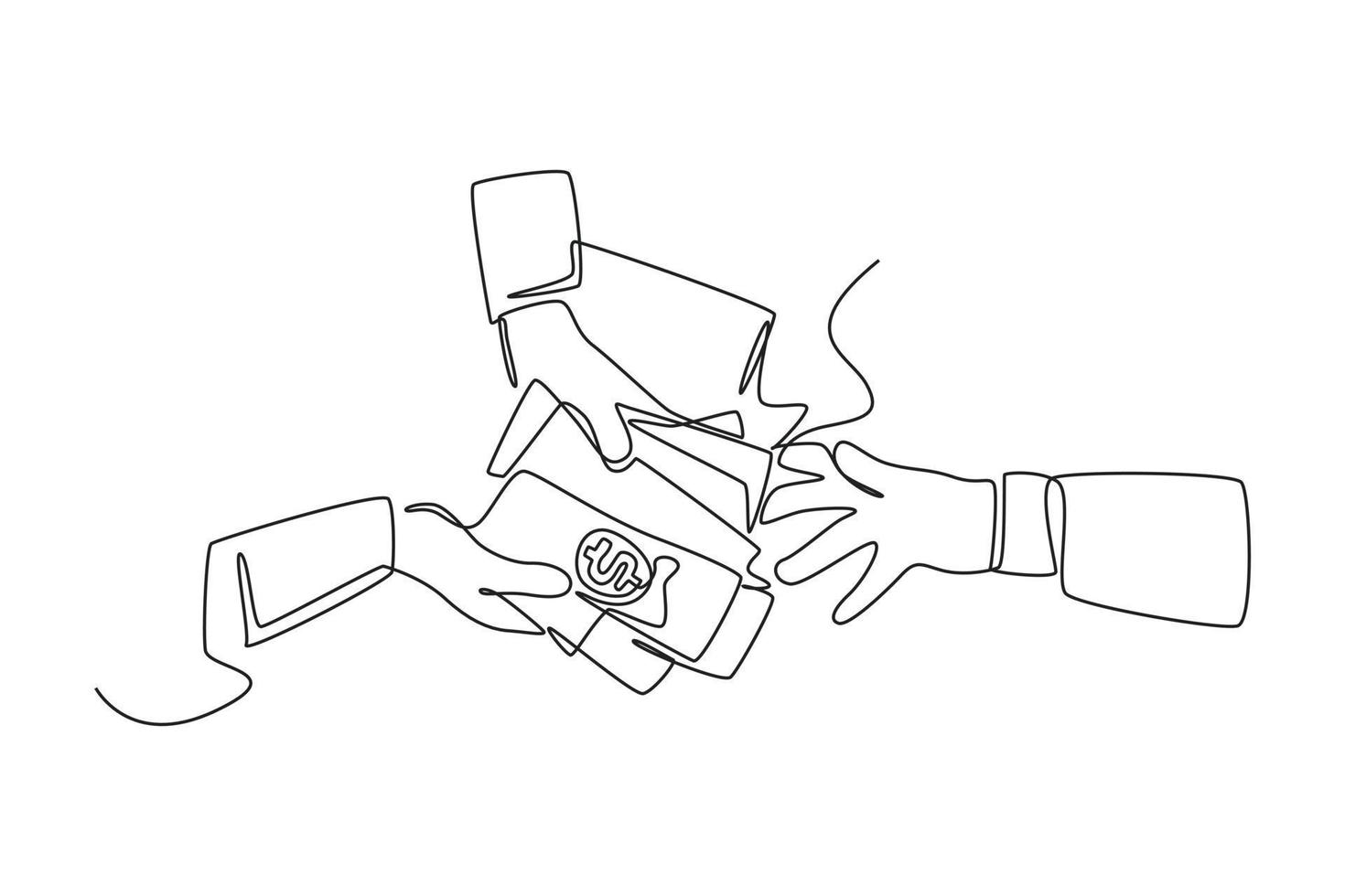 Single one line drawing hand giving tax form and cash money to another hand. Tax concept. Continuous line draw design graphic vector illustration.