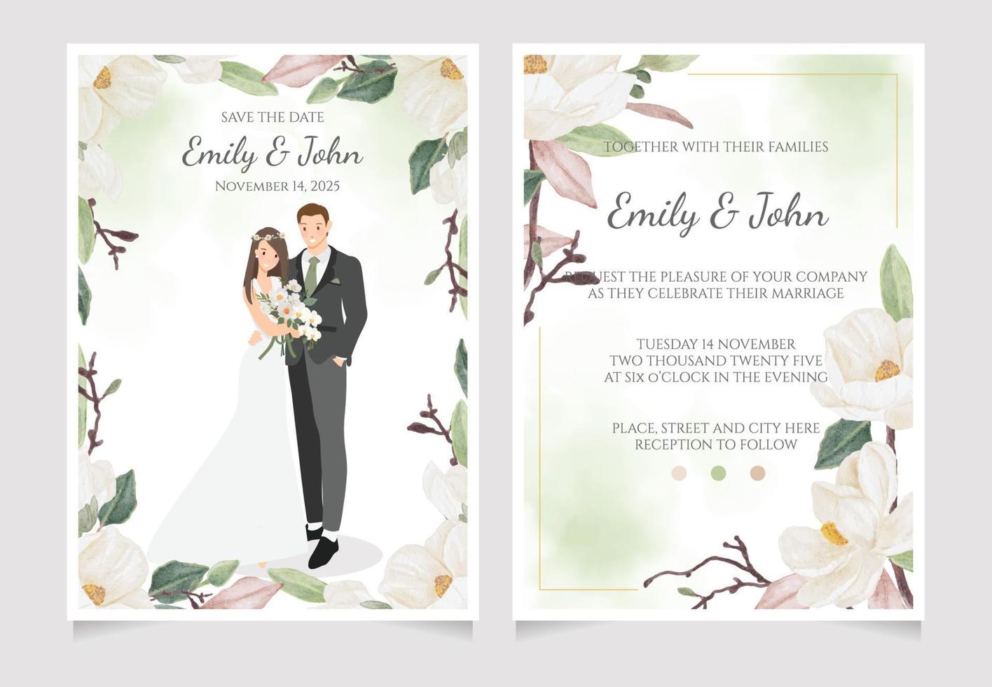 linda joven pareja de novios indios en acuarela ramo de flores de magnolia blanca colección de plantillas de tarjetas de invitación de boda vector