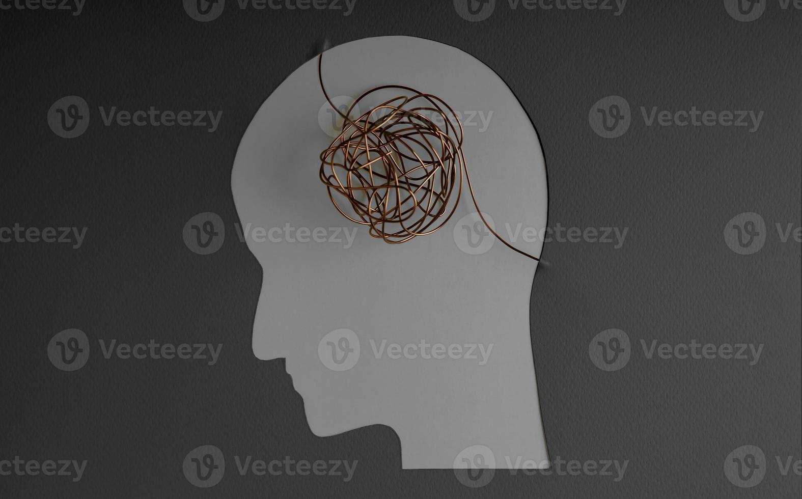 Mental Health Disorder Concept. Weak, Stressed Down Person. Negative Feeling. Depressed Emotional inside a Brain and Mind. Paper Cut as Human Head and Brain made by Messy Wire photo