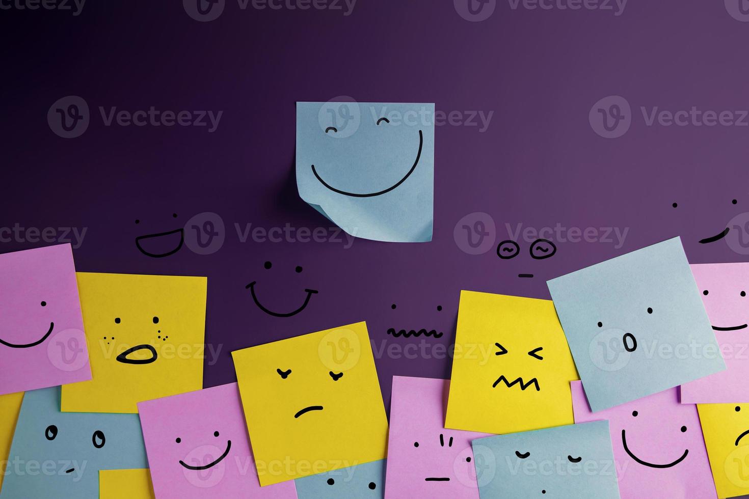 Mind, Mental Health Concept. Varieties of Mood and Emotion Inside Out. many Sticky Notes on Board with Handwriting Cartoon Emoticon Face photo
