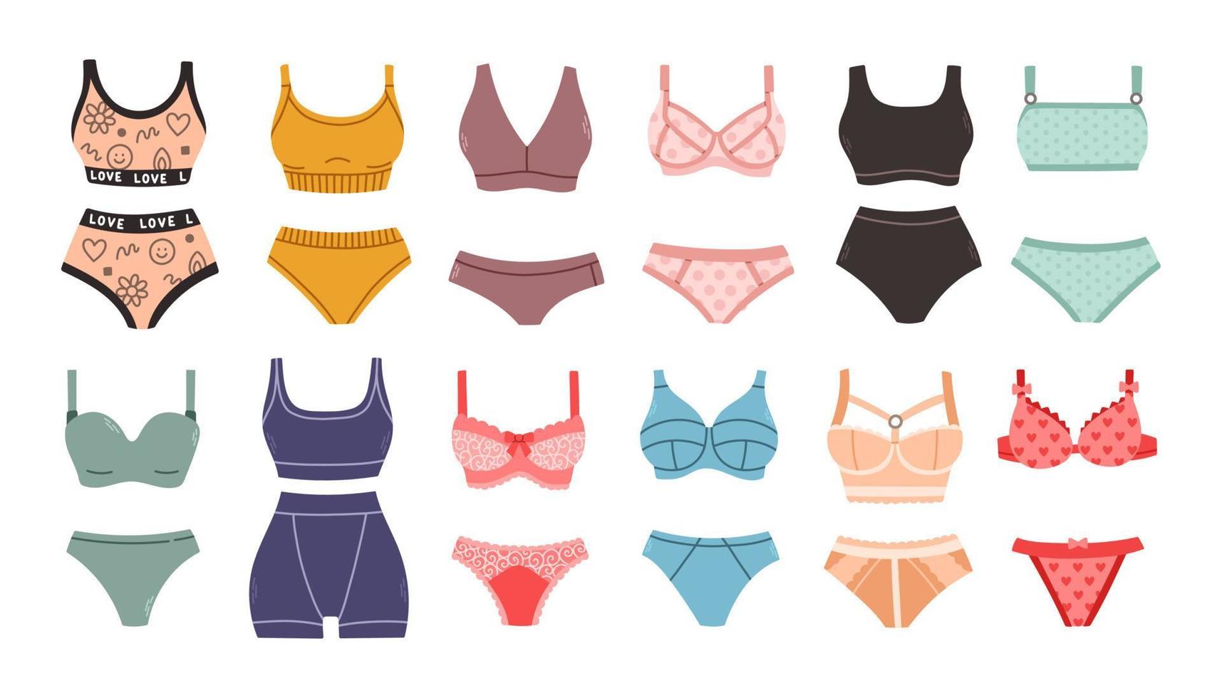 Lingerie set. Trendy female underwear. Panties, bikinis and bras. Hand drawn colorful collection of women's underwear. vector