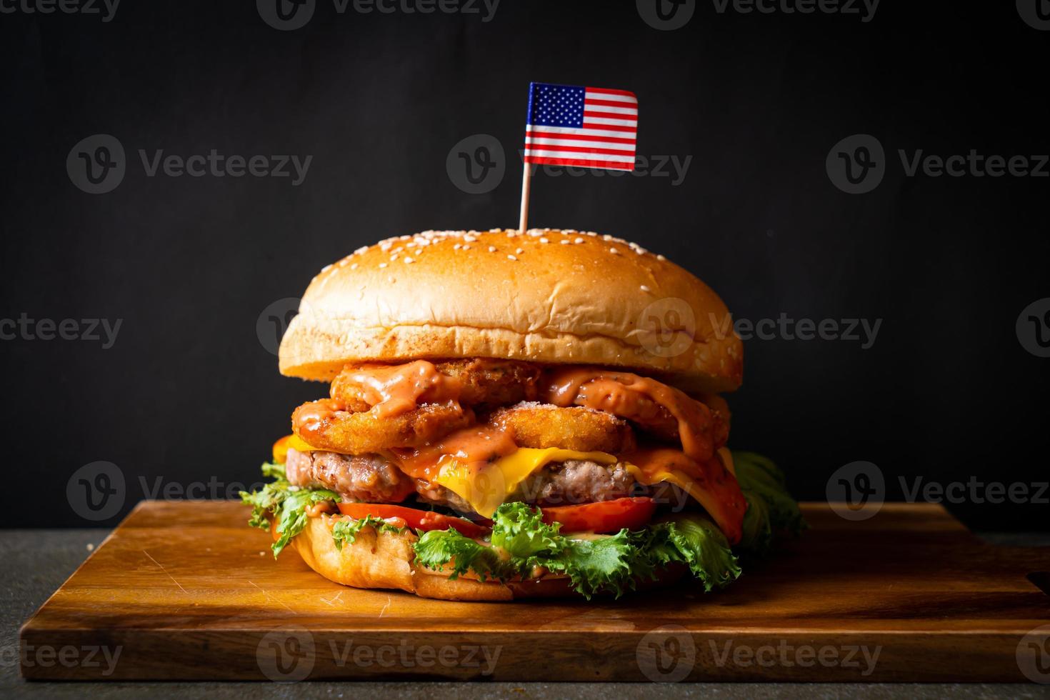 jumbo or giant burger - pork with cheese and fried nugget burger photo