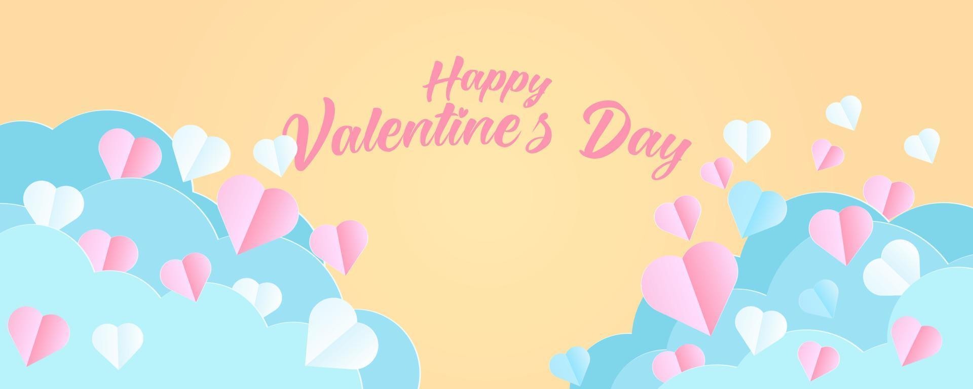 Horizontal banner with yellow background sky and blue paper cut clouds. Place for text. Happy Valentine's day sale header or voucher template with hearts. vector