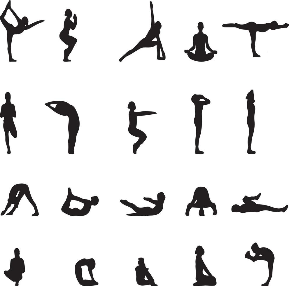 mujer joven deportiva delgada haciendo yoga, ejercicios de fitness. estilo de vida saludable. conjunto de ilustraciones de silueta vectorial aisladas en fondo blanco para gráficos de camisetas, iconos, web, afiches, impresión vector
