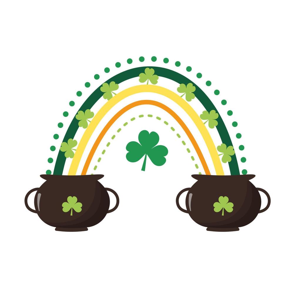 Boho rainbow with clover leaves and pots. St. Patrick's day symbol. vector