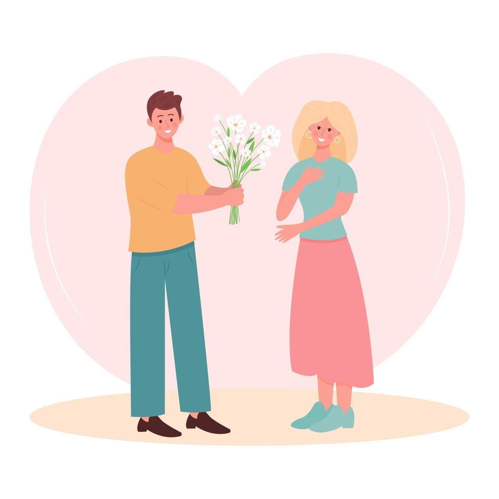 A guy gives  bouquet of flowers to a girl. Romantic, couple in love, valentine's day, dating, 8 march concept. vector