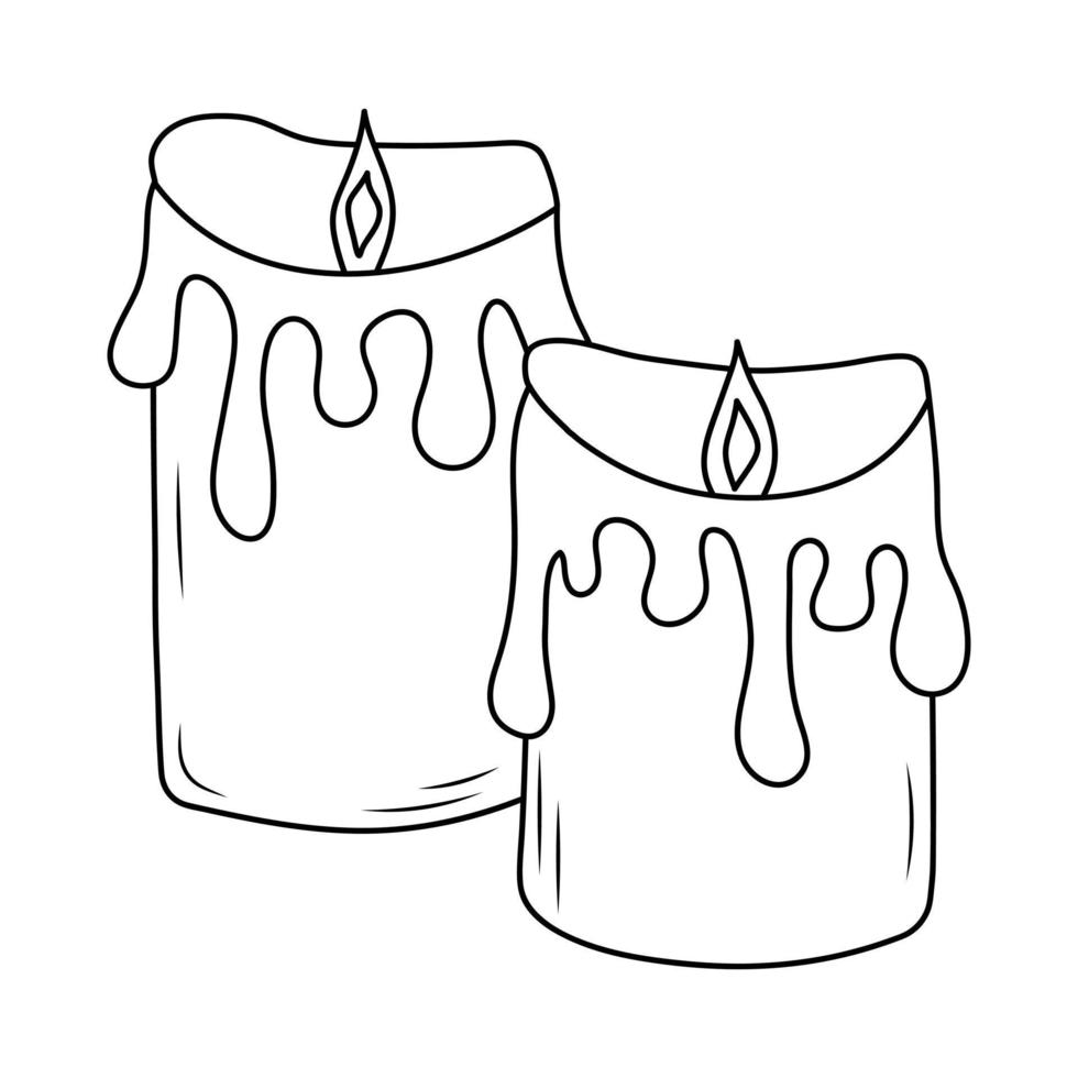 Burning candles with flowing wax. Hygge home decor. Hand drawn illustration in doodle style. vector