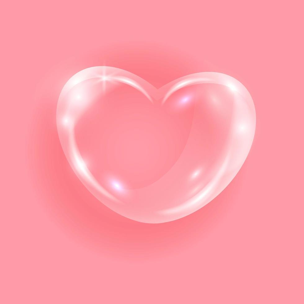 Realistic transparent glass heart. Glossy soap bubble heart on pink background. vector