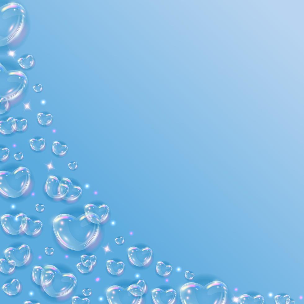 Glossy rainbow soap bubble hearts background. Realistic transparent 3d hearts on blue background with glitter. vector