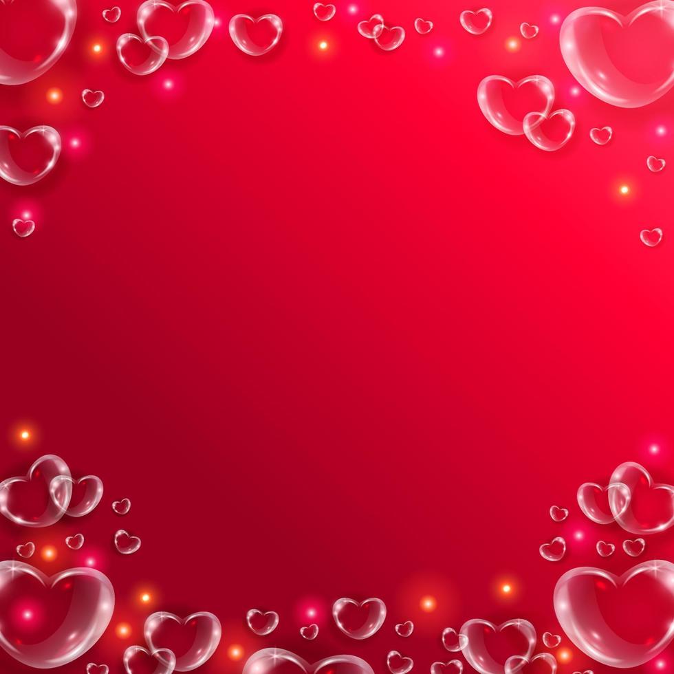 Realistic transparent hearts glass effect background. Glossy soap bubble 3d hearts on red background with glitter. vector
