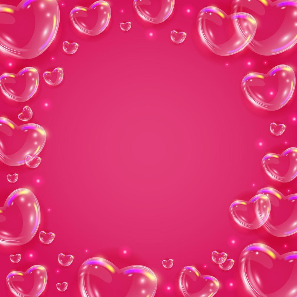 Glossy rainbow soap bubble hearts background. Realistic transparent 3d hearts on pink background. Valentines day banner. vector