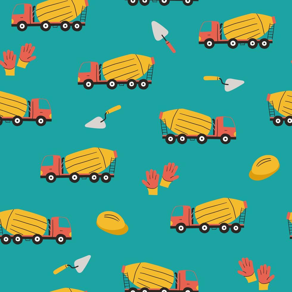 patrón sin costuras de camiones hormigonera, guantes, cascos y paletas de ladrillo. diseño para niños tela, textil, papel de regalo vector