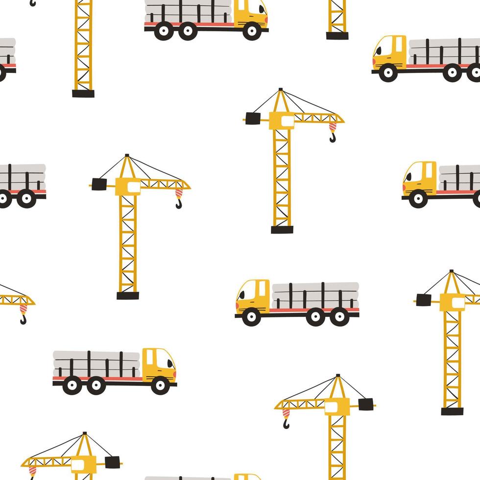 Cute childrens seamless pattern with truck and crane. Illustration construction site in cartoon style for wallpaper, fabric, and textile design vector