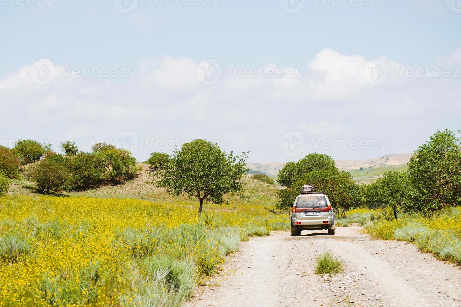 vista posterior unidad de vehículo 4wd en camino de grava fuera de carretera en el desierto del parque nacional vashlovani. tour de exploración remoto al aire libre en las montañas del cáucaso en primavera foto