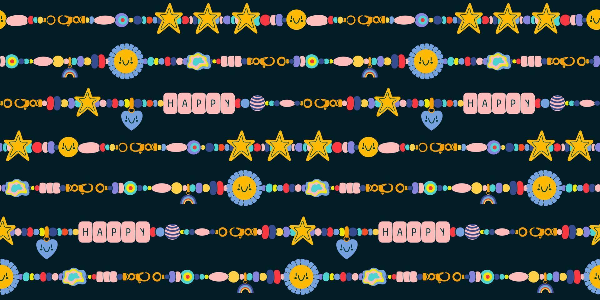 Cute beads bracelet seamless pattern. Retro colorful funky bracelet with smiley heart, star and happy text. Cartoon 00s style. Hand made, diy concept. Hand drawn Vector illustration.