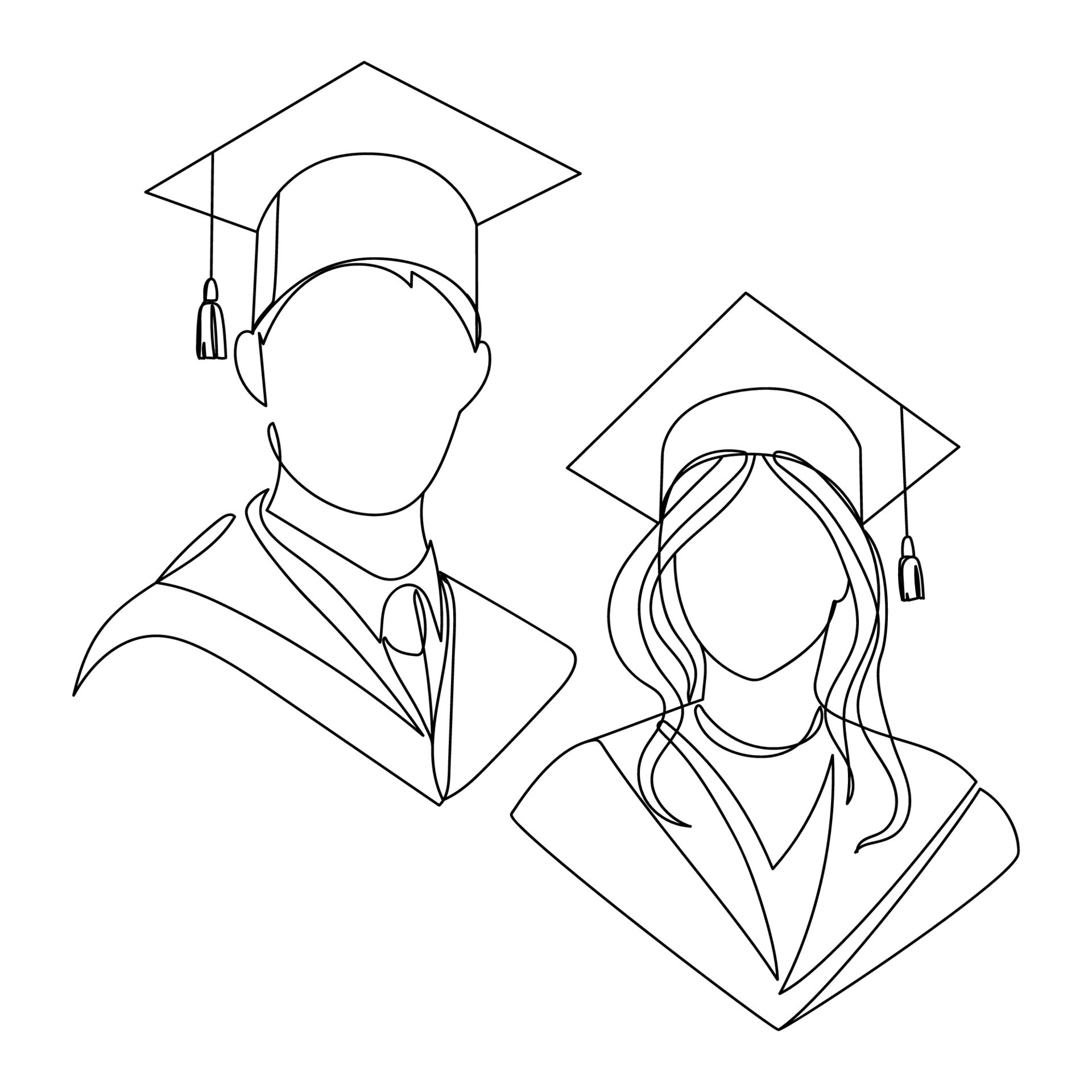 Line art Students graduates in square academic caps sketch drawing
