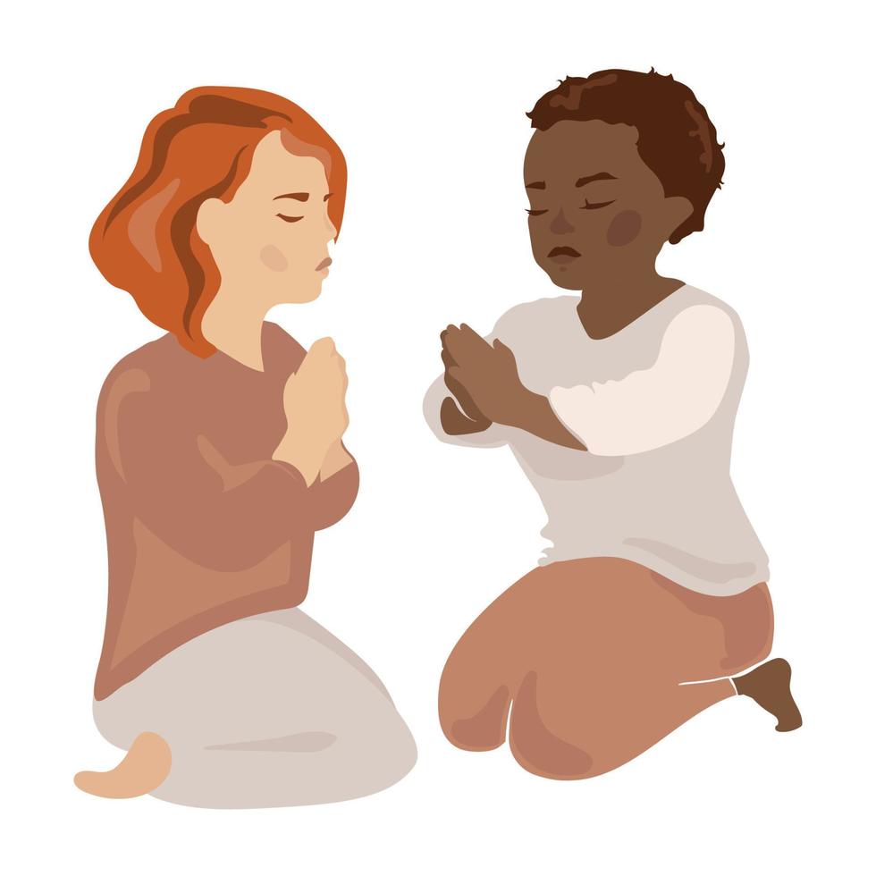 Praying African American and Caucasian children girl and boy. Little children with folded hands in prayer vector illustration isolated on white background.Religion, christianity, faith concept.