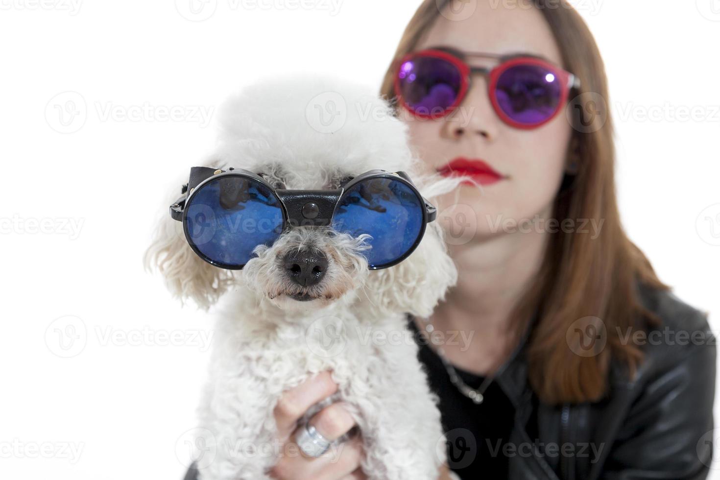 portrait of little dog with sunglasses and her young mistress photo