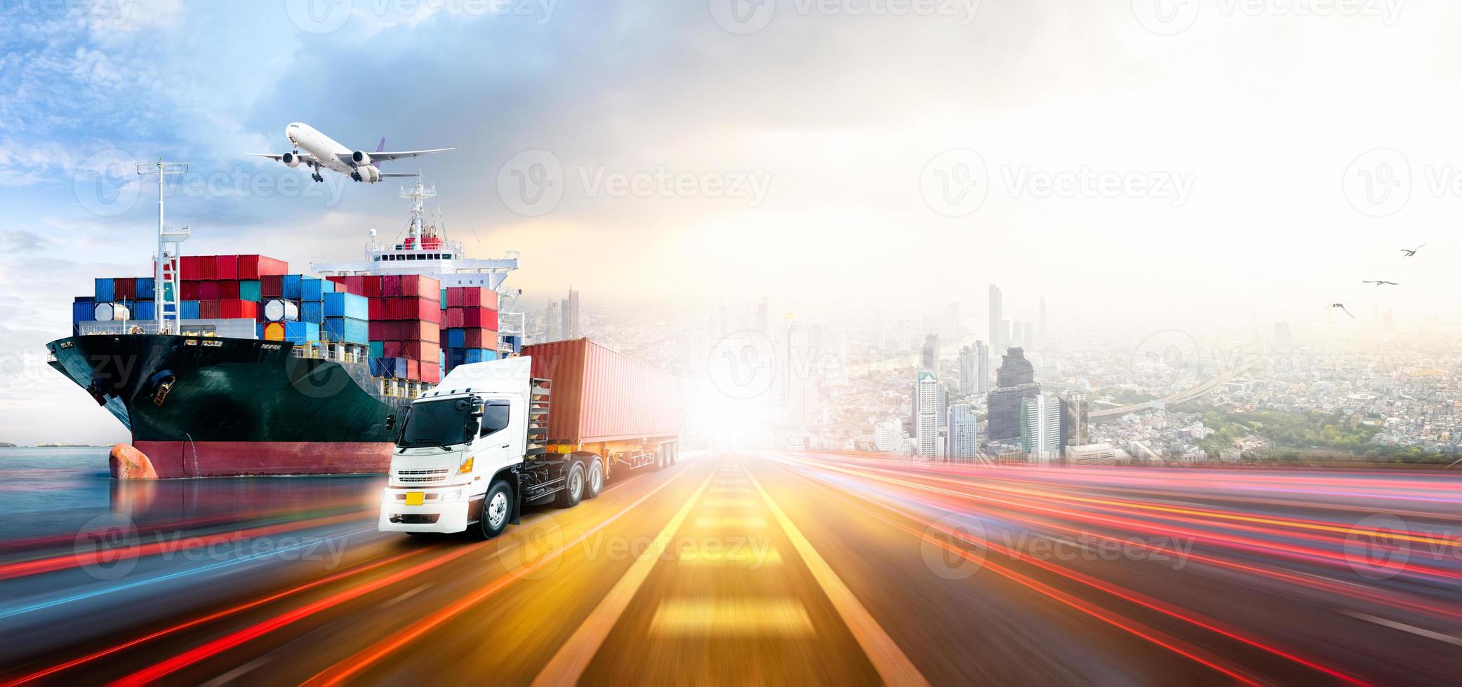 Global business logistics import export and container cargo freight ship, cargo plane, container truck on highway at city background with copy space, transportation industry concept photo