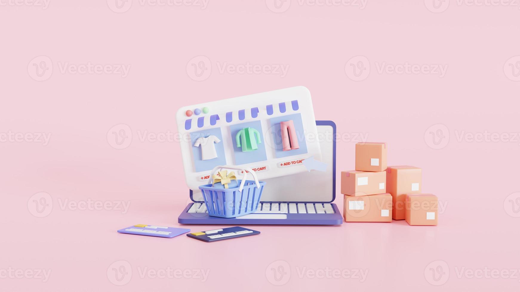 Shopping on-line. Online store on the website application. background. digital marketing shop concept. 3D illustration photo