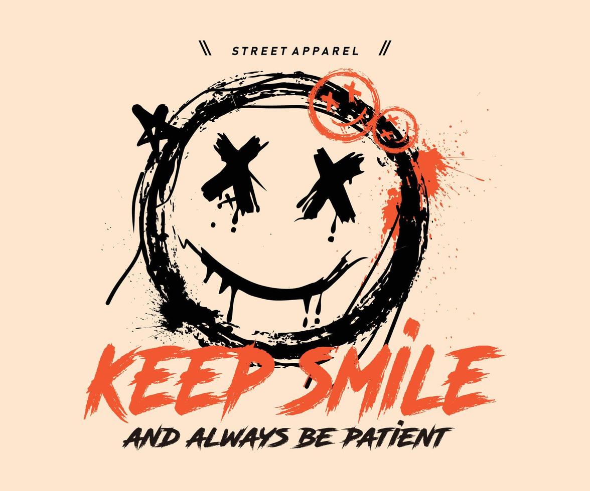 keep smile slogan print design with emoji spray paint illustration, for streetwear and urban style t-shirts design, hoodies, etc. vector