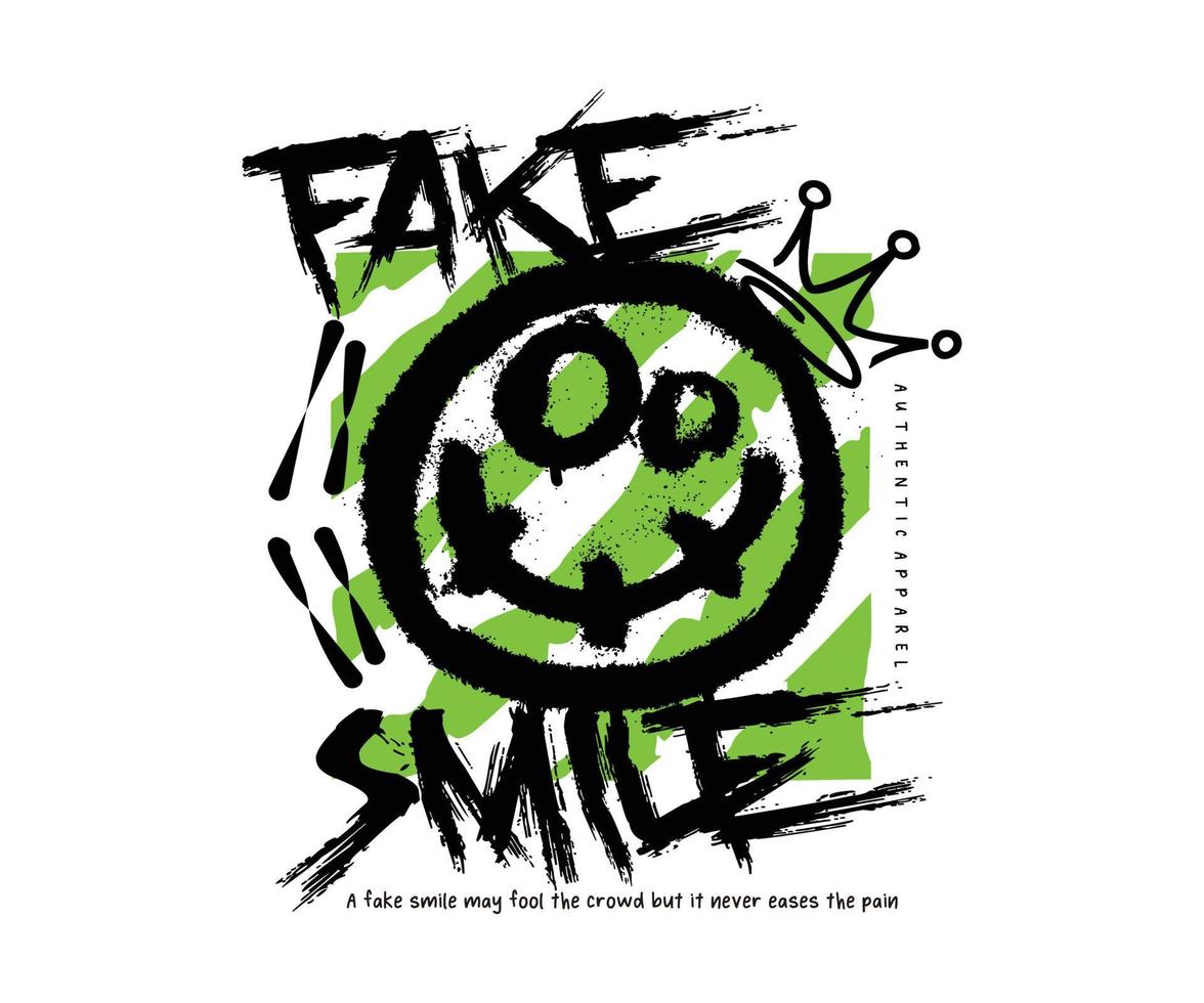 Urban typography street art graffiti, fake smile slogan, print with spray effect and smile icon for graphic tee t shirt or sweatshirt vector