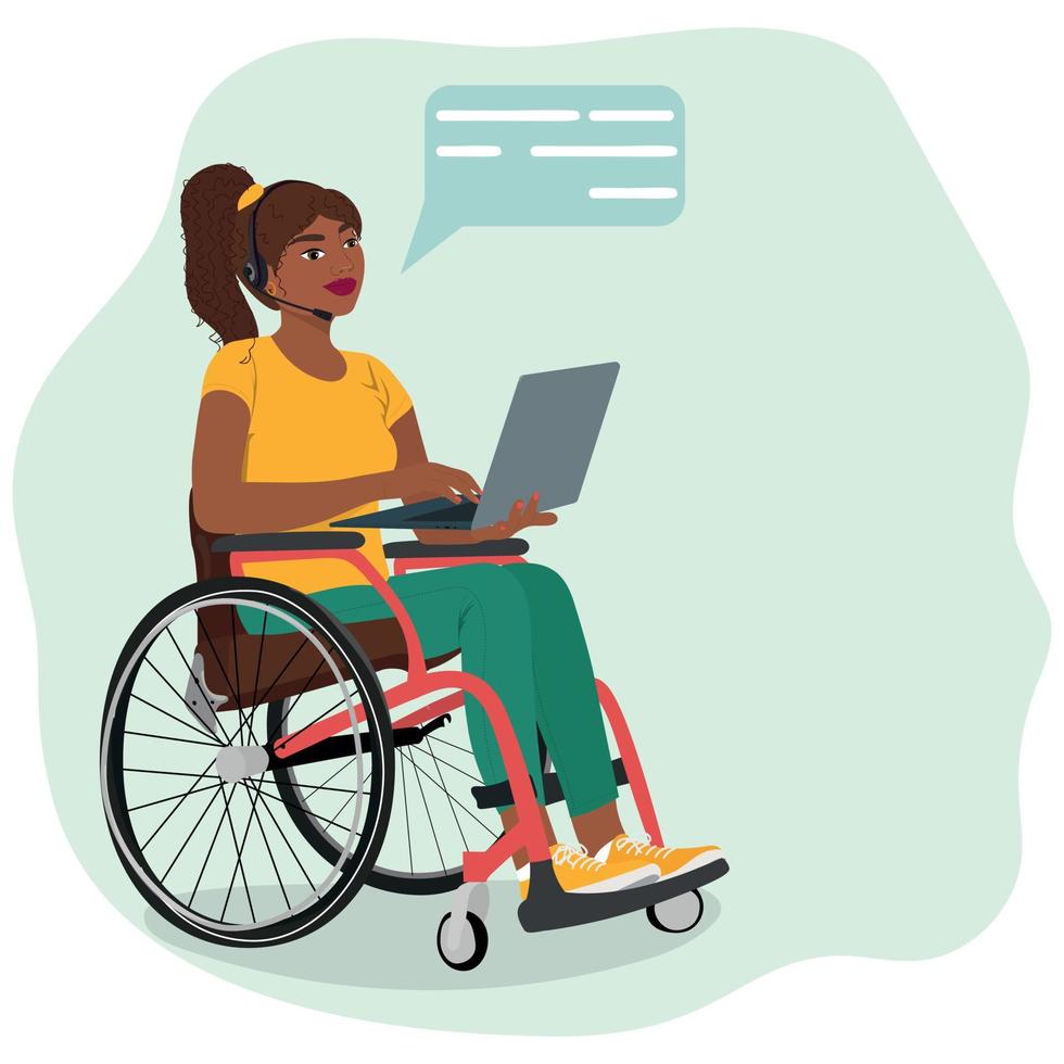 Young woman in wheelchair works on laptop vector