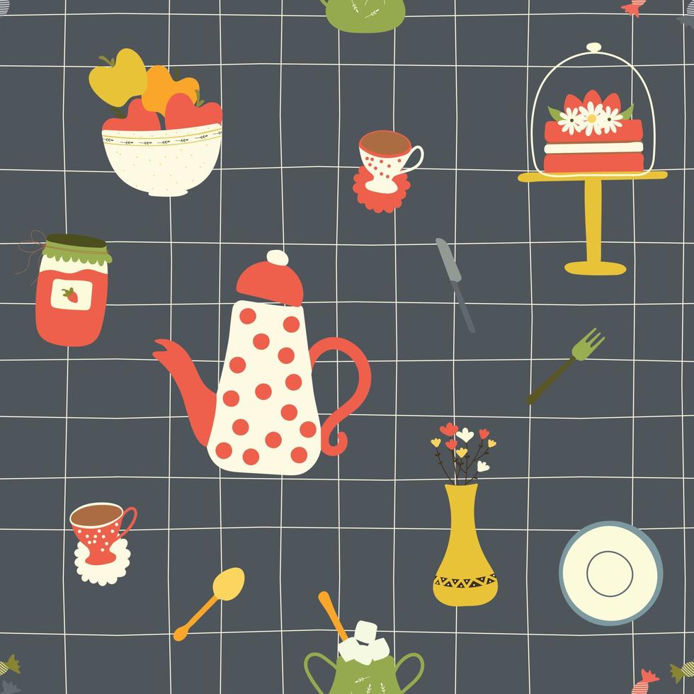 eamless pattern with crockery. Seamless vector with illustrations of tableware, teapot, vase, cake, apples in vase, cup, candy and spoon. Table pattern with blue tablecloth for paper or fabric print.