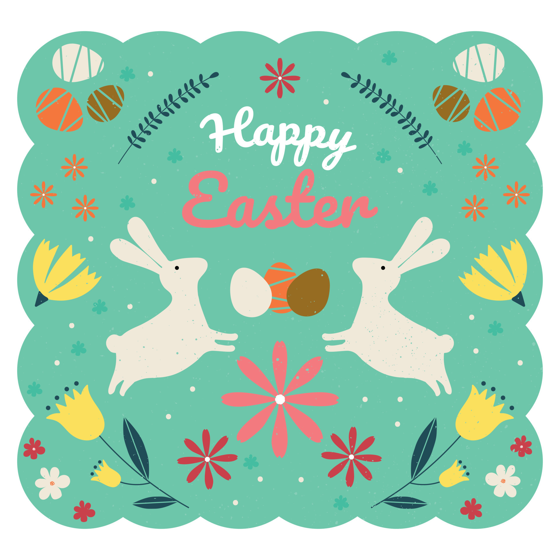 Vector happy easter card. Rabbits with flowers on blue background
