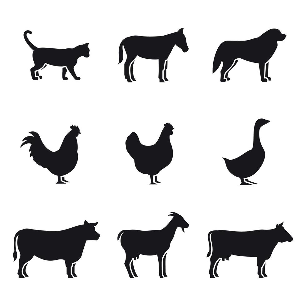 conjunto de iconos de siluetas de animales de granja. Negro sobre un fondo blanco vector