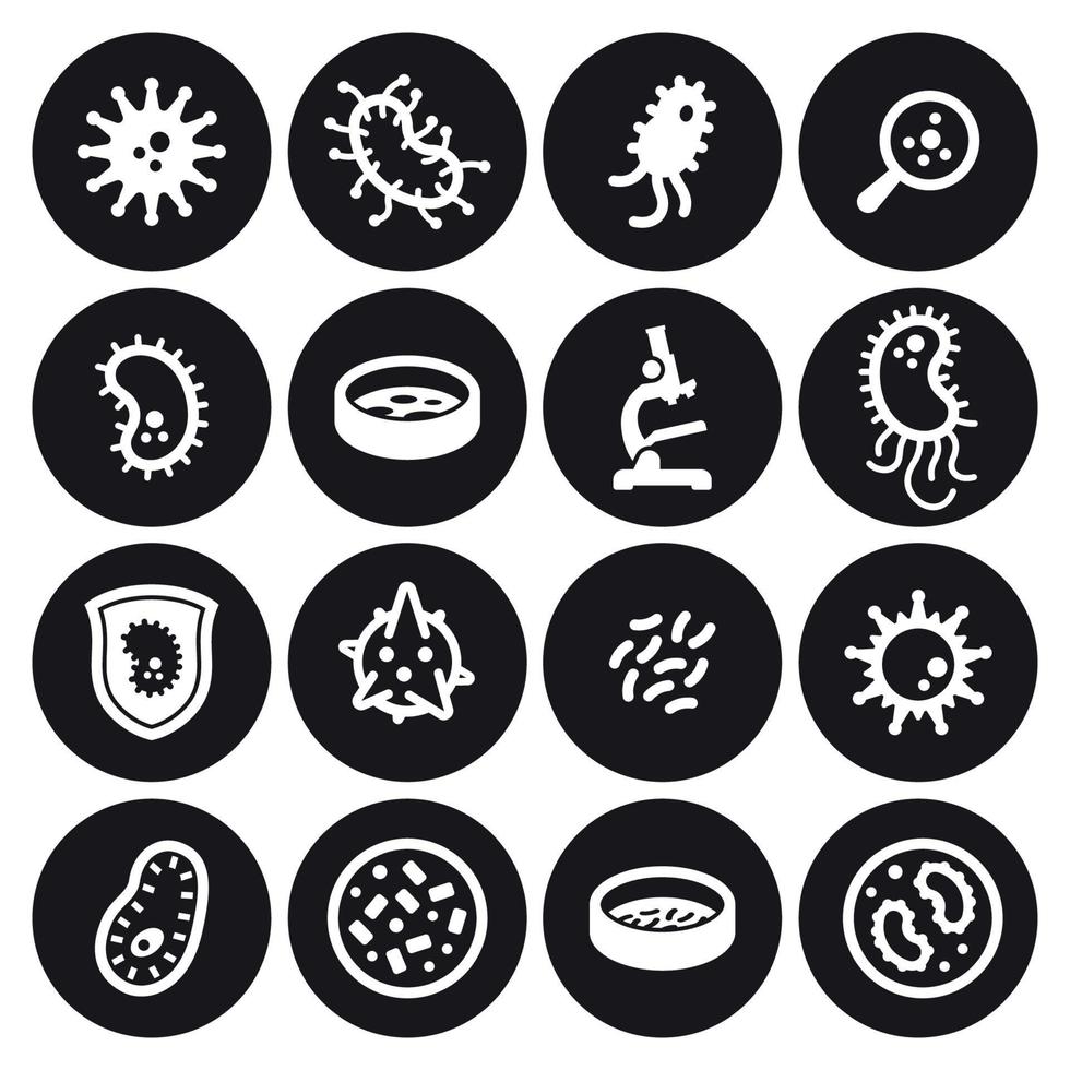 conjunto de iconos de bacterias. blanco sobre un fondo negro vector