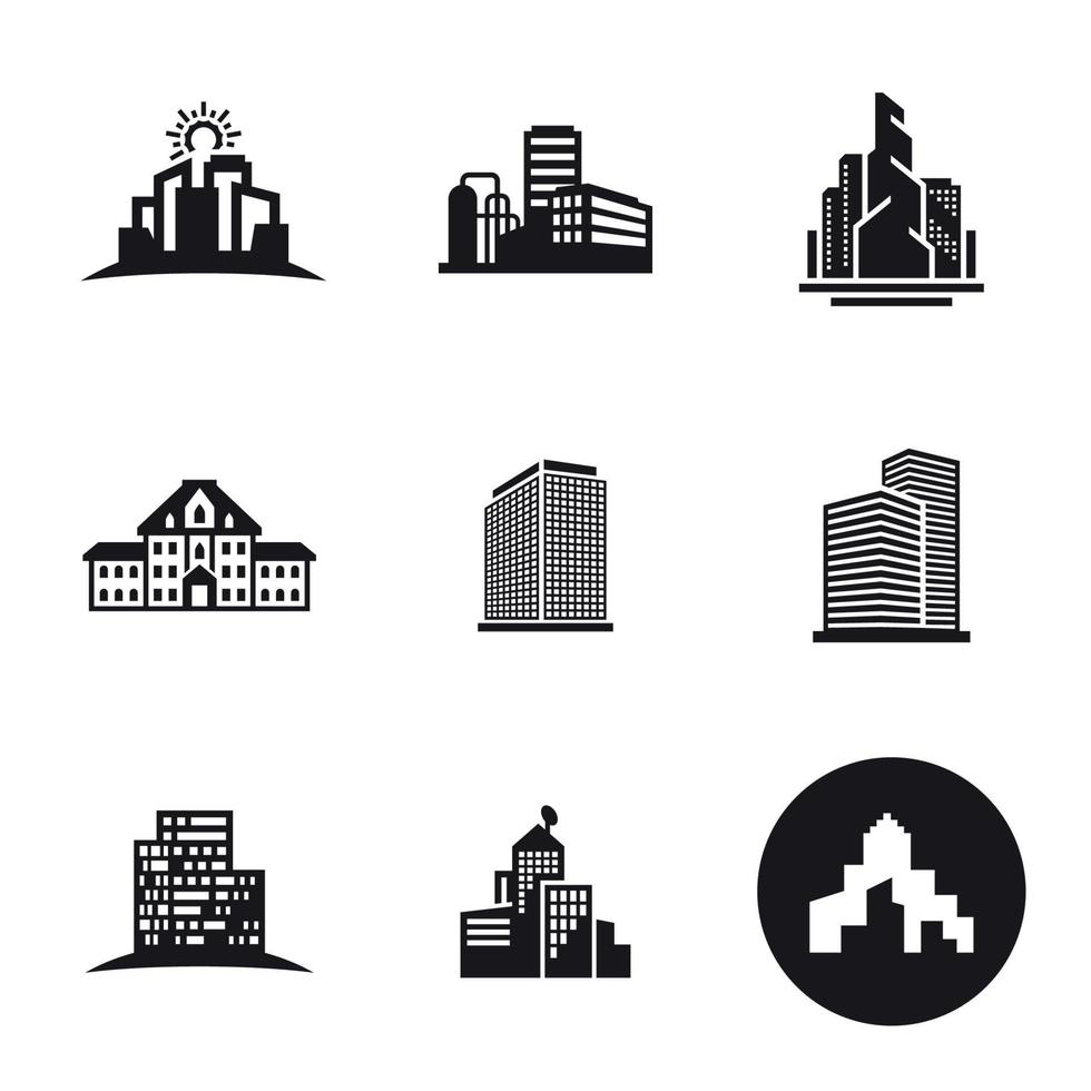 conjunto de iconos de edificios. Negro sobre un fondo blanco vector