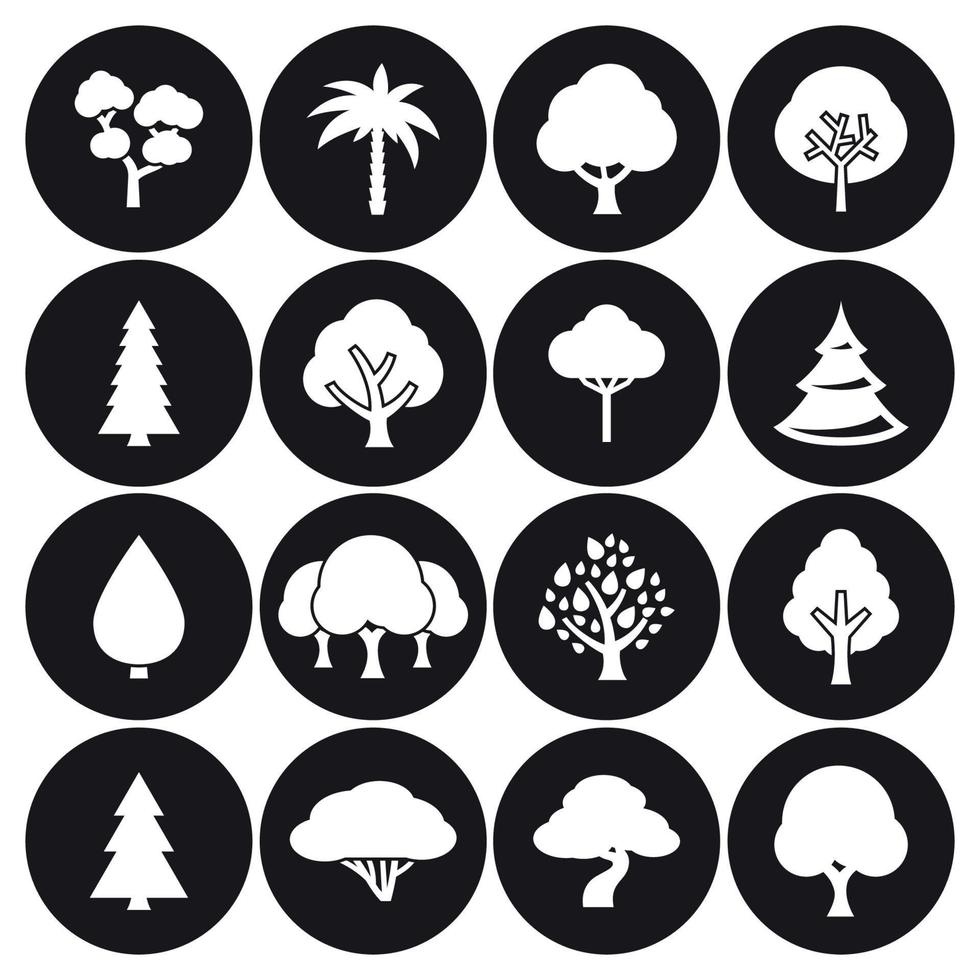 conjunto de iconos de árbol. blanco sobre un fondo negro vector