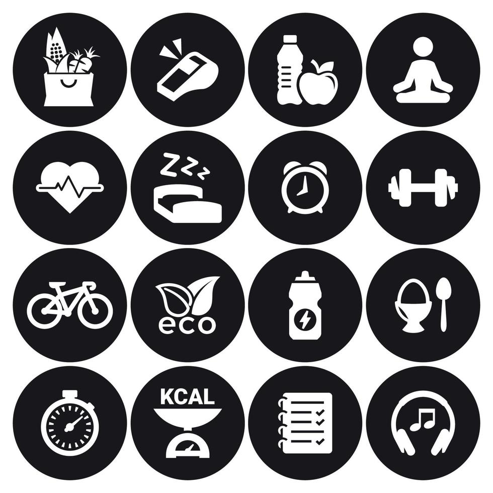 Health and Fitness icons. White on a black background vector