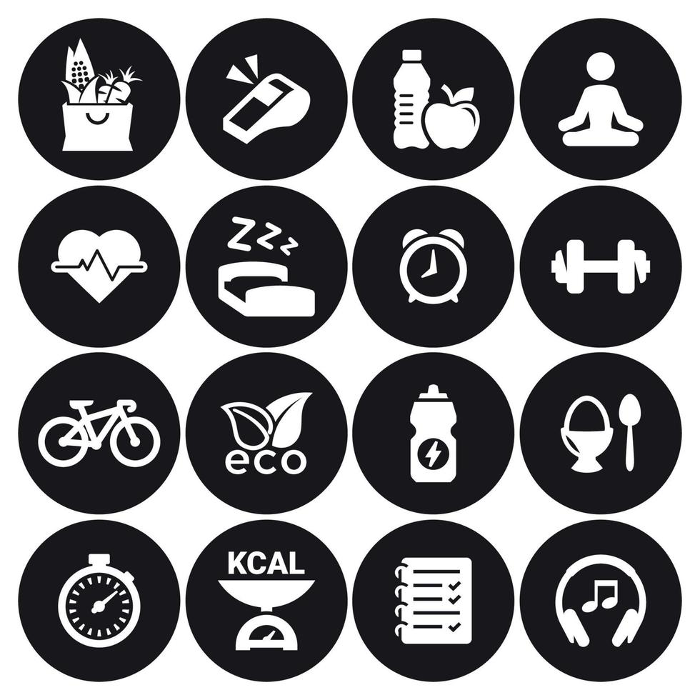 iconos de salud y fitness. blanco sobre un fondo negro vector