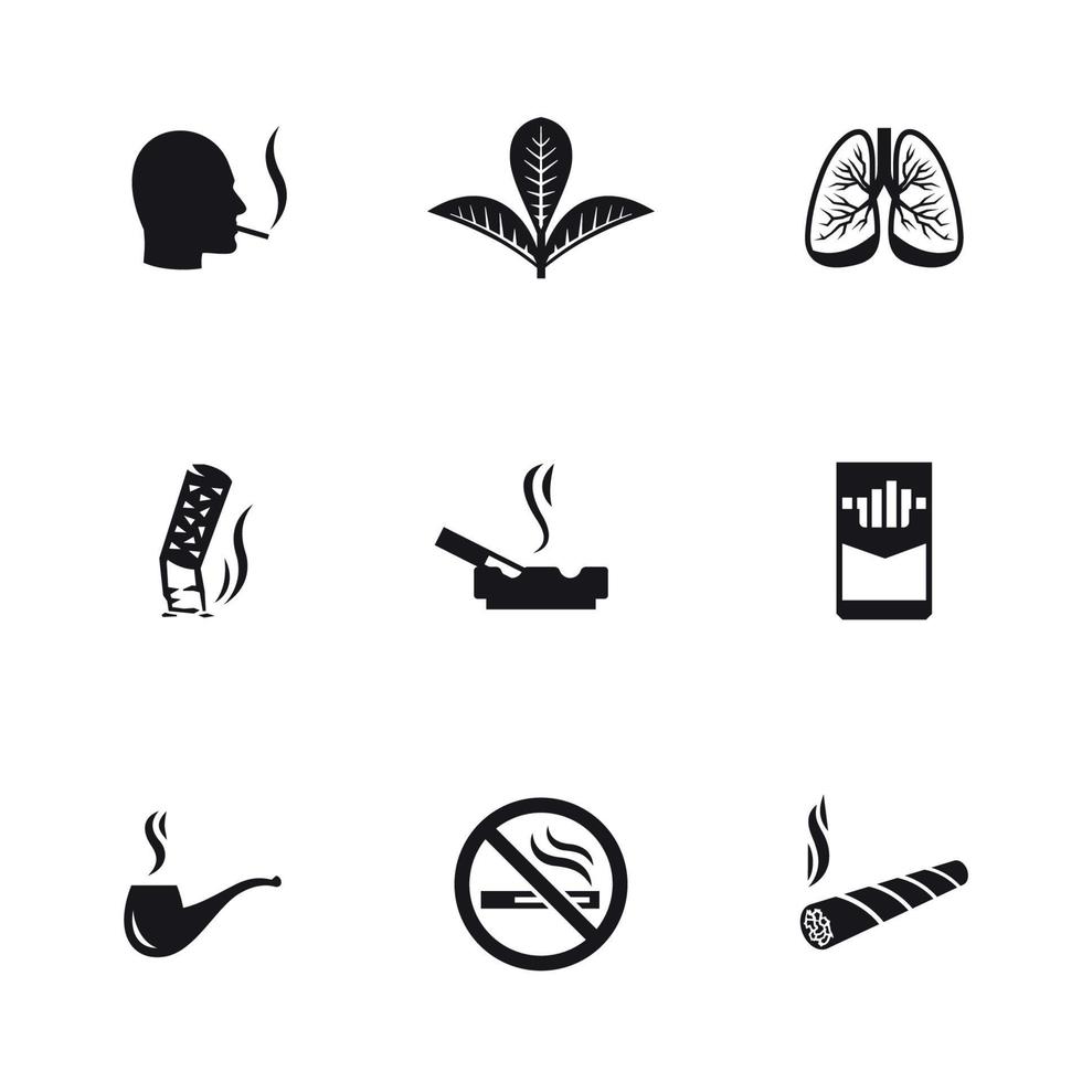 fumar, conjunto de iconos de cigarrillos. Negro sobre un fondo blanco vector