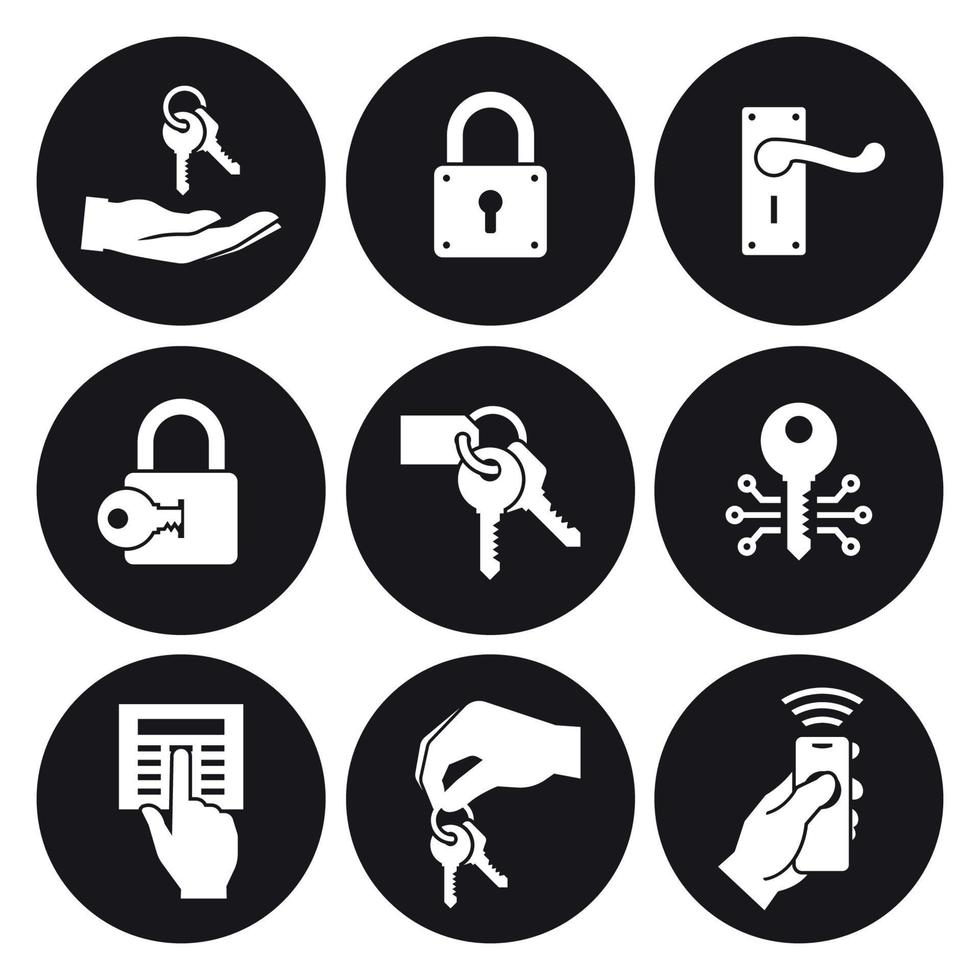 Keys and locks icons set. White on a black background vector