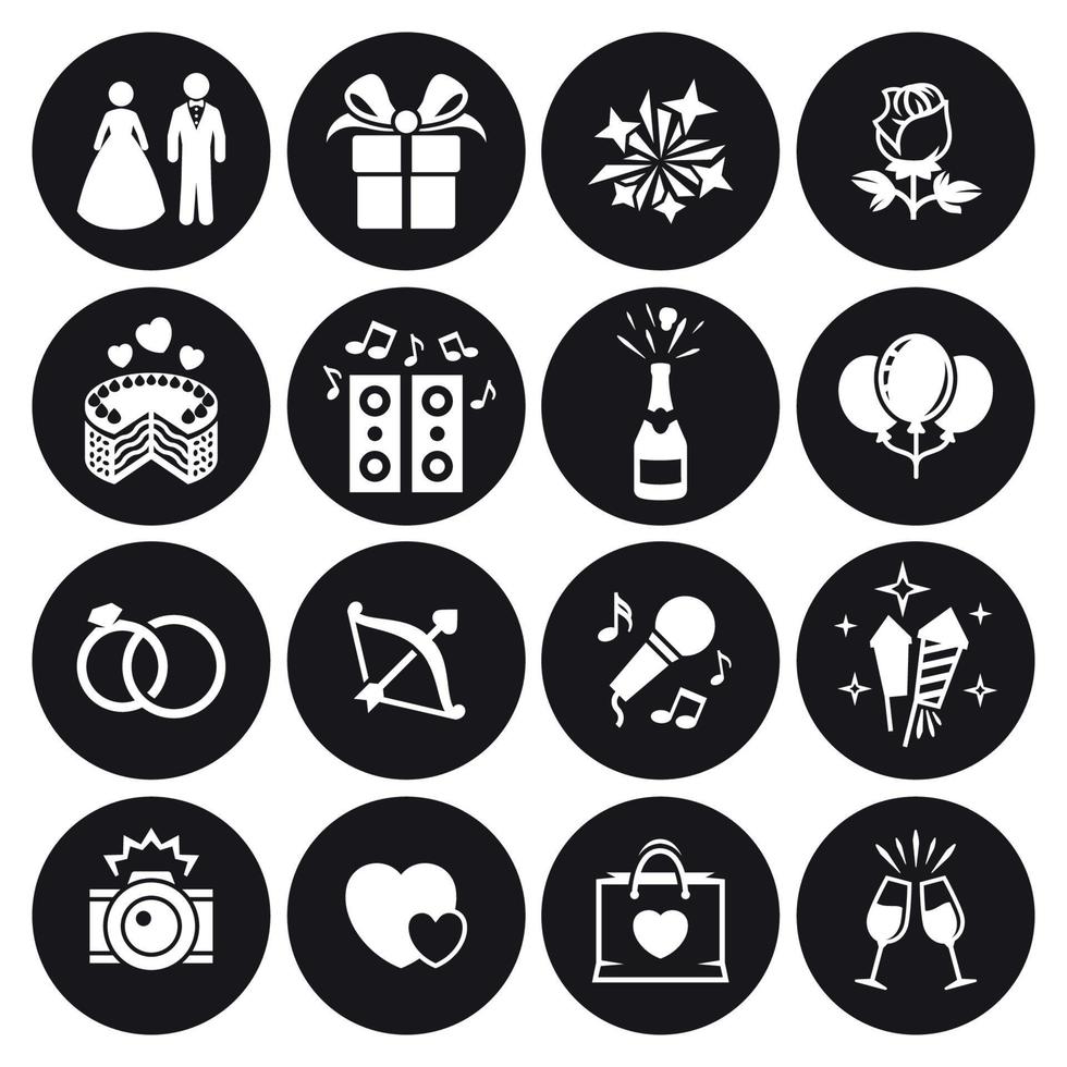 Wedding, marriage icons set. White on a black background vector