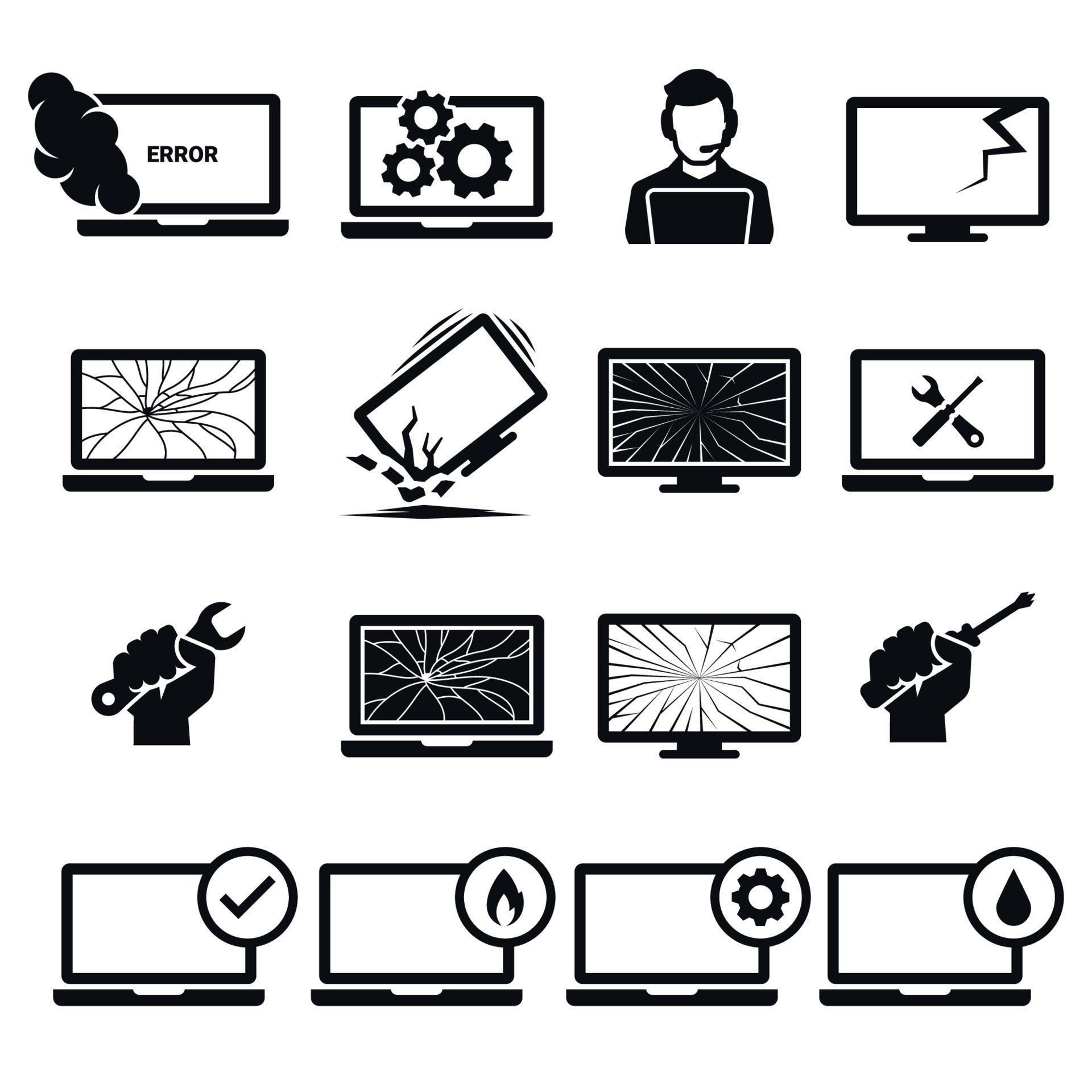Computer repairs icons. Broken, damaged laptop. Black on a white