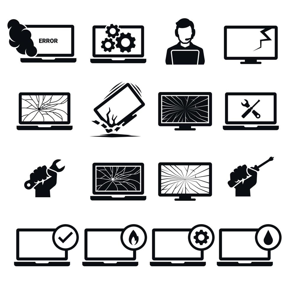 Computer repairs icons. Broken, damaged laptop. Black on a white background vector