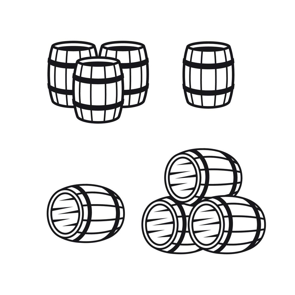 conjunto de iconos de línea de barril de madera. Negro sobre un fondo blanco vector