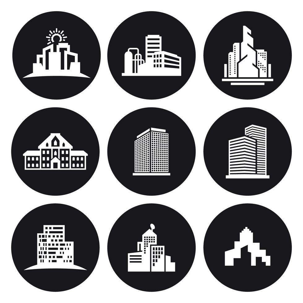 conjunto de iconos de edificios. blanco sobre un fondo negro vector