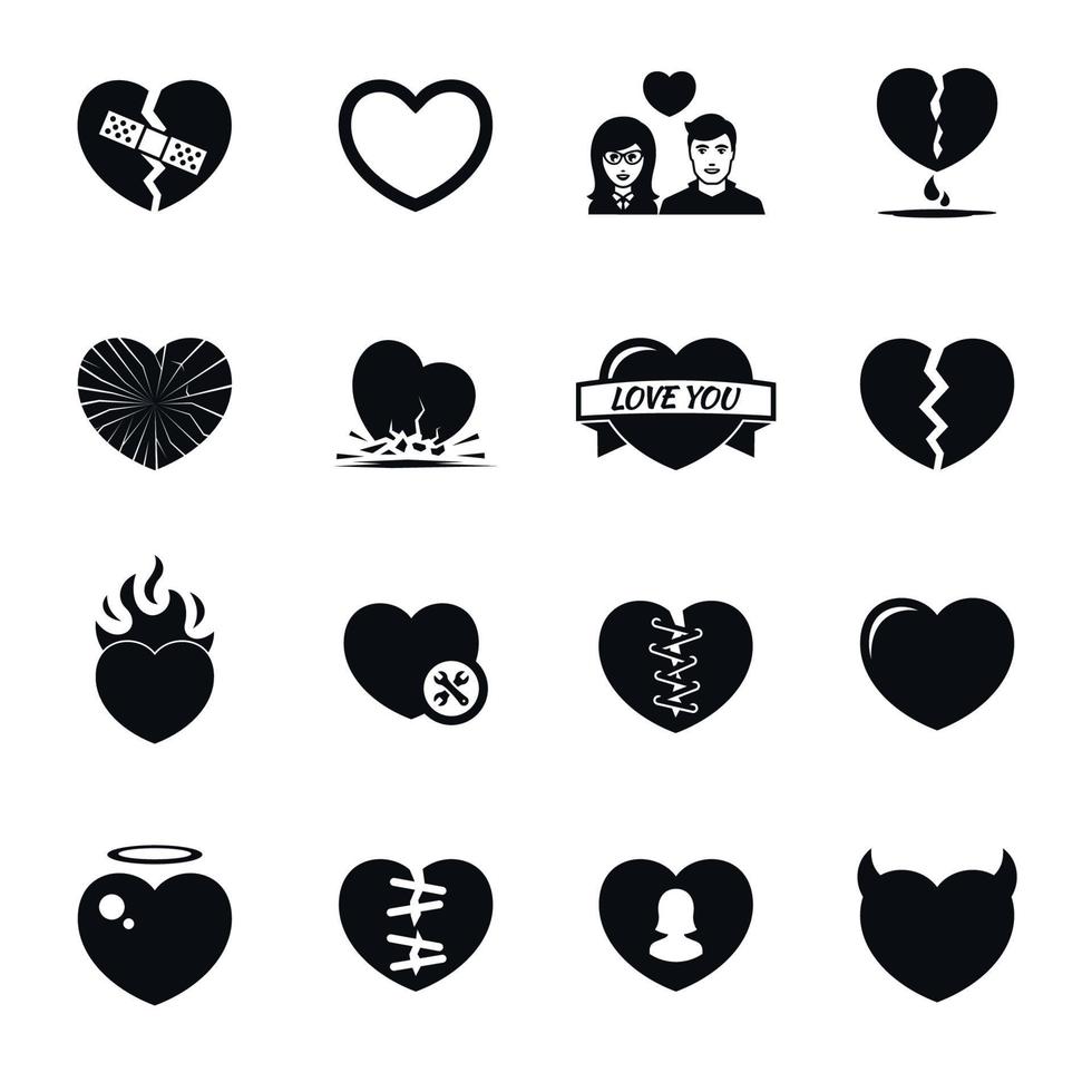 Love hearts icons set. Broken hearts. Black on a white background vector
