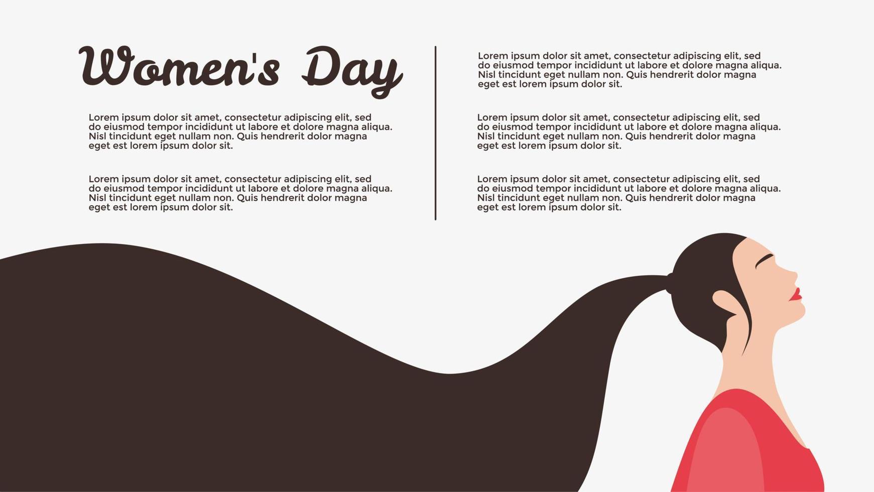 women's day vector template background with a woman with dark long hair on white background