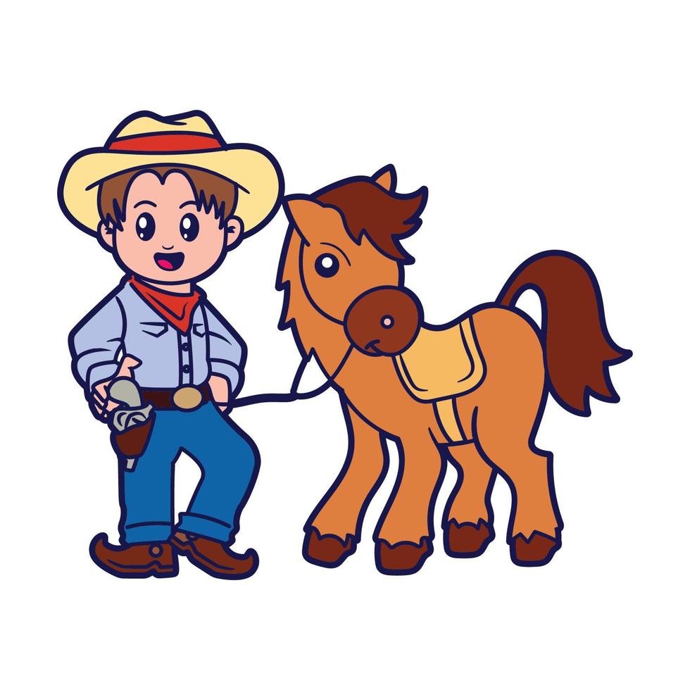 Cute kid in cowboy costume, vector cartoon illustration