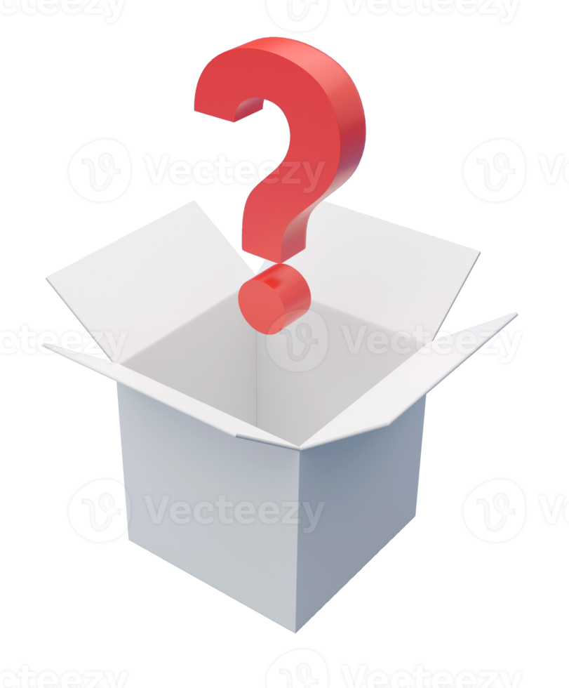 point d'interrogation sortant d'une illustration 3d de boîte blanche vide avec un tracé de détourage. rendu 3d png