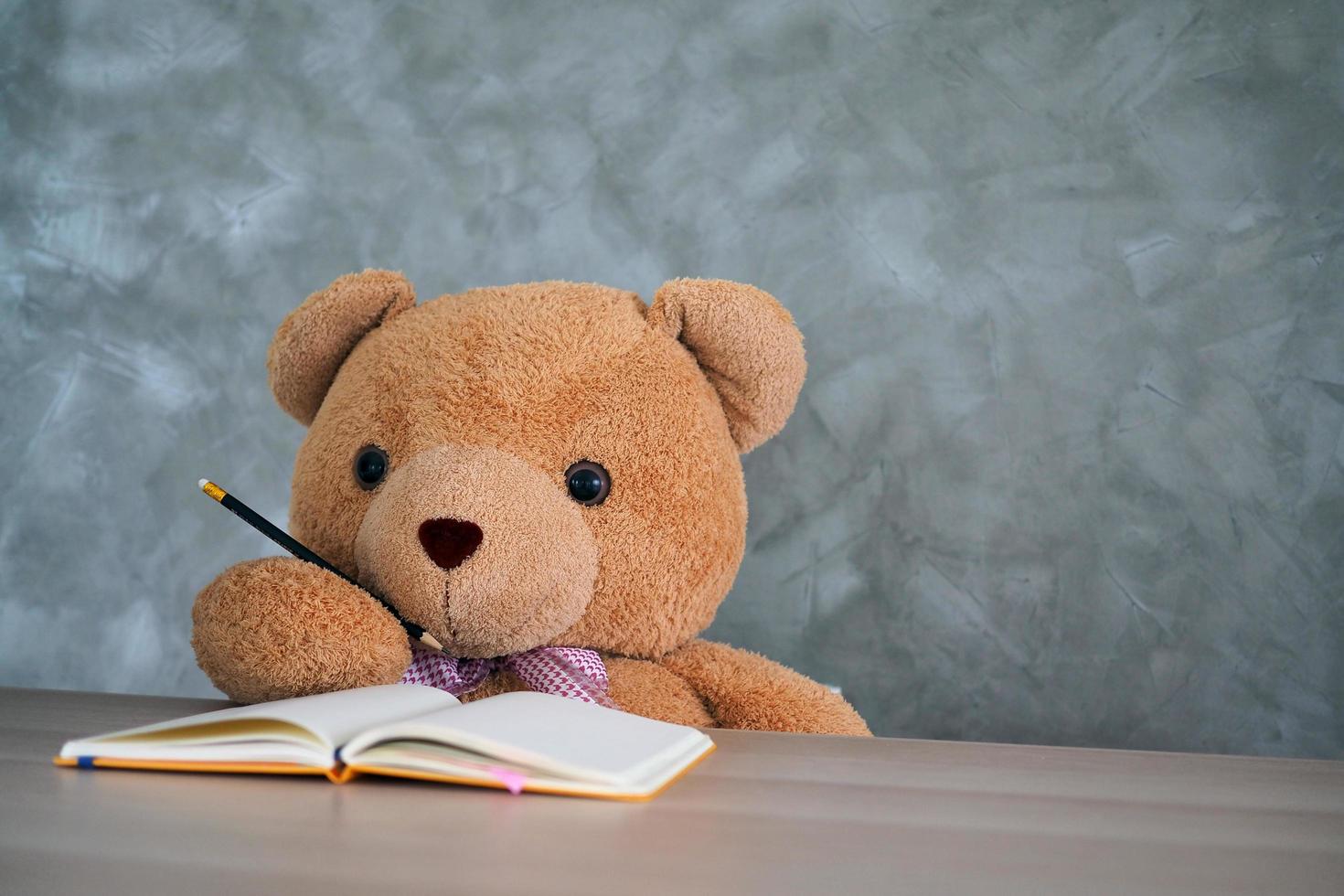 The teddy bear is writing a book. Learning of children photo