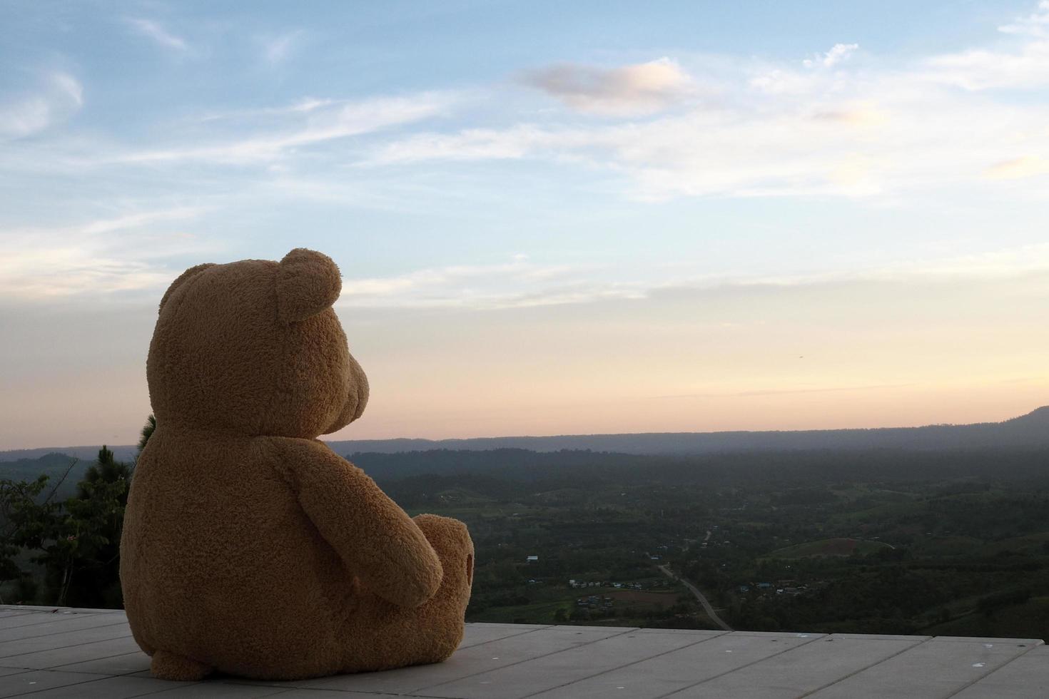 Teddy bear sitting alone on a wooden balcony. Look sad and lonely photo