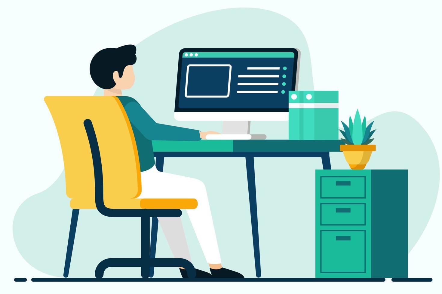 Man working on computer. Vector illustration in flat style. Work at home concept.