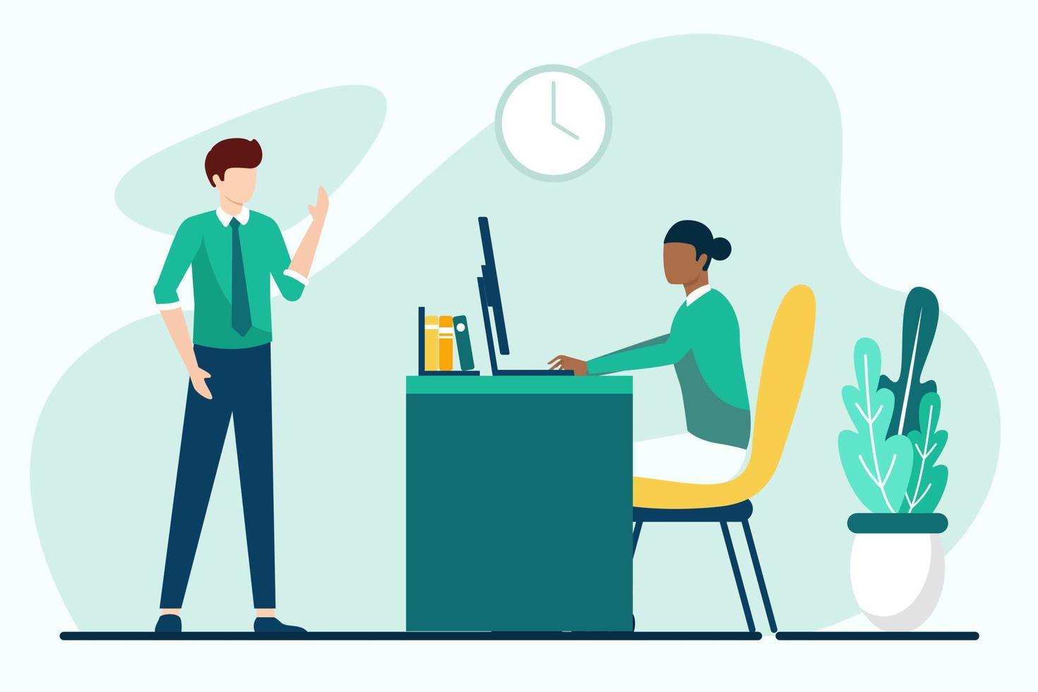 Man and woman in the office. Workplace. Vector illustration in flat style